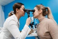 Optometrist looks into eye using an ophthalmoscope. Ophthalmoscopy. Ophthalmologist examines the eyes of woman with