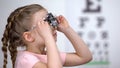Optometrist putting phoropter on little girl, child complaining to see nothing Royalty Free Stock Photo
