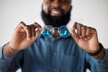 Optometry, closeup and a black man showing glasses for healthcare, consulting or an exam. Lens, happy and an African Royalty Free Stock Photo