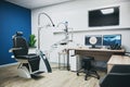Optometry, empty room and equipment for vision test for eye care in a optical clinic or store. Optic healthcare Royalty Free Stock Photo