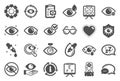 Optometry, Eye doctor icons. Medical laser eye surgery, glasses and eyedropper. Vector