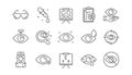 Optometry, Eye doctor line icons. Medical laser eye surgery, glasses and eyedropper. Linear set. Vector Royalty Free Stock Photo