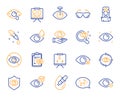 Optometry, Eye doctor line icons. Medical laser eye surgery, glasses and eyedropper. Vector