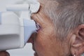 Optometry, eye exam and medical with old woman and consulting for healthcare, vision or glaucoma. Ophthalmology