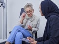 Optometry, healthcare and woman filling in a form before doing a eye test in a optic clinic. Health insurance