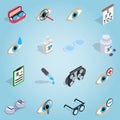 Optometry set icons, isometric 3d style