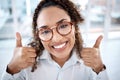 Optometry, thumbs up and face of woman with glasses for vision, eye care and health in shop. Eyewear, wellness portrait