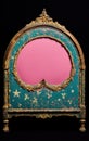 Ornate Vintage Fireplace Screen with Celestial Accents and Vibrant Pink Insert