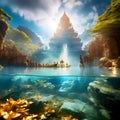 Opulent ancient Temple of lost Lemuria civilization bathed in golden light around ocean. culture concept. Ai generated.