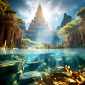 Opulent ancient Temple of lost Lemuria civilization bathed in golden light around ocean. culture concept. Ai generated.