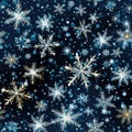 Opulent background with golden and blue snowflakes in luminous watercolors (tiled)