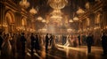 An opulent ballroom adorned with crystal chandeliers and golden decor.