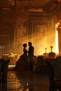 In an opulent ballroom bathed in golden light, a couple shares a tender moment