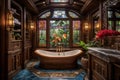 An opulent bathroom with a bronze bathtub, wooden cabinets, and stained glass windows Royalty Free Stock Photo