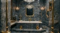 The opulent bathroom features a deep marble bathtub surrounded by intricate gold fixtures and a crystal chandelier Royalty Free Stock Photo
