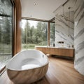 Opulent bathroom tiles in marble imitation, bathtub by the window, clt timber house - 1 Royalty Free Stock Photo