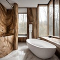 Opulent bathroom tiles in marble imitation, bathtub by the window, clt timber house - 1 Royalty Free Stock Photo