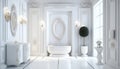 An opulent bathroom with white marble walls and floors, a large soaking tub, and a crystal chandelier. AIG51A Royalty Free Stock Photo