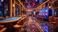 Opulent Casino Interior with Neon Lights and Slot Machines. Royalty Free Stock Photo