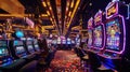 Opulent Casino Interior with Neon Lights and Slot Machines. Royalty Free Stock Photo