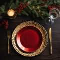 Opulent Christmas Setting: Golden Elegance on Rustic Wooden Table