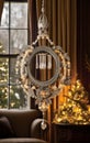 Luxurious Crystal Chandelier Mirror with Festive Holiday Ambiance