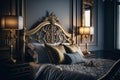 Opulent dark blue and gold bedroom in modern style. Generative AI Royalty Free Stock Photo