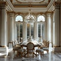 Opulent dining room with a crystal chandelier and elegant table setting3D render Royalty Free Stock Photo