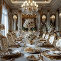 Opulent dining room with a crystal chandelier and elegant table setting3D render Royalty Free Stock Photo