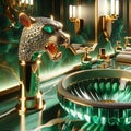 Opulent Elegance, Crystal Emerald Sink with Golden Leopard Tap Royalty Free Stock Photo