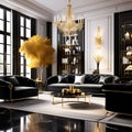 Opulent Elegance: 3D Render of Luxury Classical Style Black Living Room Interior with Black Marble Floor