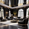 Opulent Elegance: 3D Render of Luxury Classical Style Black Living Room Interior with Black Marble Floor