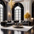 Opulent Elegance: 3D Render of Luxury Classical Style Black Living Room Interior with Black Marble Floor