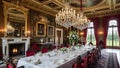 Grand Dining Room with Long Table and Crystal Chandeliers Royalty Free Stock Photo