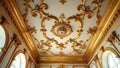Opulent gilded ceiling with intricate rococo design and architectural moldings in a luxurious interior. Generative AI Royalty Free Stock Photo