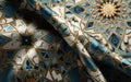 Opulent Golden Geometric Motifs on Lustrous Blue Silk