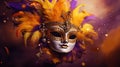 Opulent Golden Masquerade Mask Adorned with Purple Feathers and Gems - Generative AI