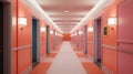 Opulent hotel hallway with multiple doors and polished floor in a trendy Peach color. Ideal for hotel design, luxury