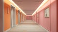 Opulent hotel hallway with multiple doors and polished floor in a trendy Peach color. Ideal for hotel design, luxury