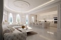 Opulent interior design with a white kitchen, dining, and living area Royalty Free Stock Photo