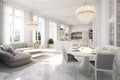 Opulent interior design with a white kitchen, dining, and living area Royalty Free Stock Photo