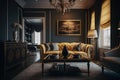 Opulent living room in dark grey and gold colors. Generative AI