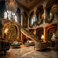 Opulent mansion living room Christmas decorations