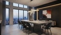 Modern dining room with city view and abstract table chairs Royalty Free Stock Photo