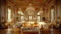 Opulent neoclassical drawing room with chandeliers and gold trim, professionally captured