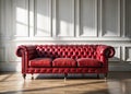 Opulent Red Button Tufted Sofa in a Classic White Room A Statement Piece of Elegant Interior Design Royalty Free Stock Photo