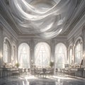 Opulent Salon Vibe with Silk Swirl Ceiling and Grand Windows Royalty Free Stock Photo