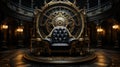 Opulent throne in dark kingdom: ruler\'s golden authority. Created with Generative AI
