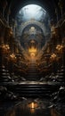 Opulent throne in dark kingdom: ruler\'s golden authority. Created with Generative AI