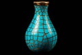 Opulent turquoise vase. capturing intricate golden patterns on a dark background